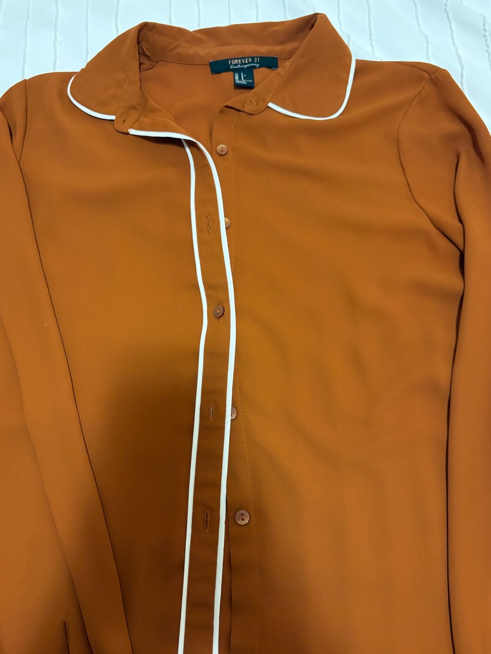 Forever 21 Women’s Rust Brown Button-Up Shirt with White Trim